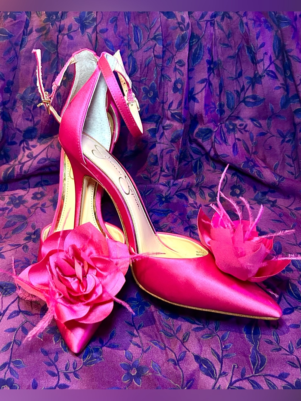 Jessica Simpson Winlyn Ostrich Fur 3D Floral Satin Ankle Strap Heels, Size 7.5